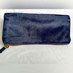 Clare Vivier Clutch Fold Over Bag - Dark Blue Fur & Black Leather